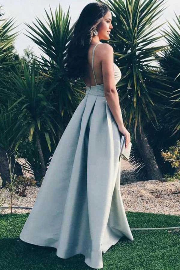 Vestido de fiesta gris de satén con tirantes finos, corte A, largo hasta el suelo y espalda descubierta